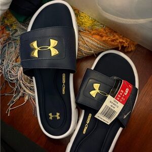 Under Armour Blue and Gold Slide Sandals